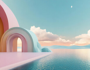3d Render, Abstract Surreal pastel landscape background with architecture and geometric, beautiful gradient sky scene, lake with clam water, minimal concept