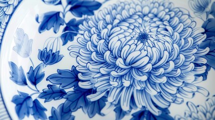 A beautiful ceramic plate in blue and white with a chrysanthemum pattern. - obrazy, fototapety, plakaty