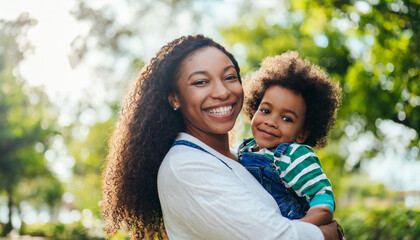A black mother and her baby boy are smiling happily at the camera; family concept