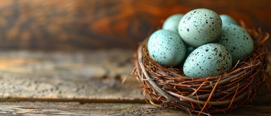 Obraz premium a bird nest filled with blue eggs on top of a wooden table in front of a wooden paneled wall.