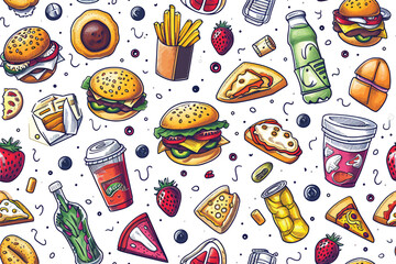Vector Seamless Watercolor Pattern colorful Design a colorful vintage background with  hand-drawn fast food design
