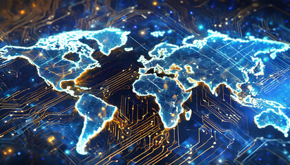 A glowing digital world map overlays a dark, intricate circuit board, symbolizing global connectivity and technology. Digital world pulses with vibrant energy, bridging nations through circuits