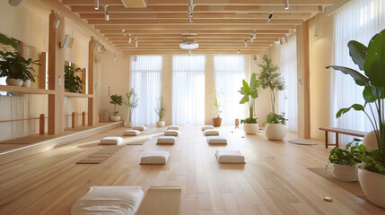 The peaceful yoga room is beautifully decorated with plants. - obrazy, fototapety, plakaty
