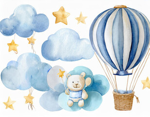 Baby shower invitation elements - teddy bear, hot air balloon basket, air ballons, clouds, moon, stars. Announcement birthday party newborn event. Watercolor drawing, template, print, poster