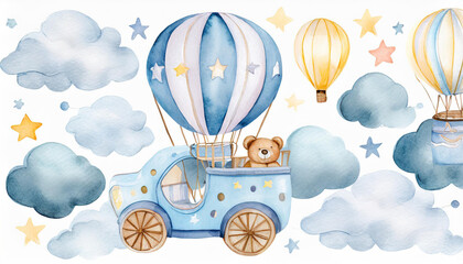 Baby shower invitation elements - teddy bear, hot air balloon basket, airplane, car, moon, stars,...