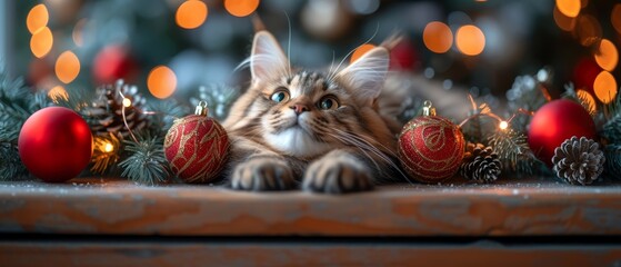 Obraz premium a close up of a cat laying on a table near christmas balls and pine cones with lights in the background.