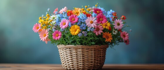a basket filled with lots of colorful flowers on top of a wooden table in front of a blue and green background.
