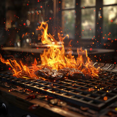 Bright orange flames engulfing a grill as a man cooks food