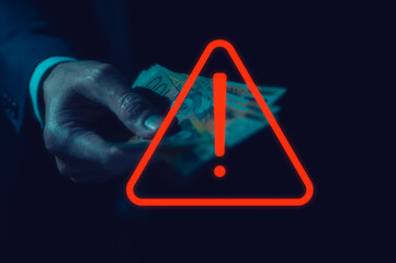 investment risk management strategy high risk high return concept, businessman holding money banknote with virtual triangle caution sign - obrazy, fototapety, plakaty