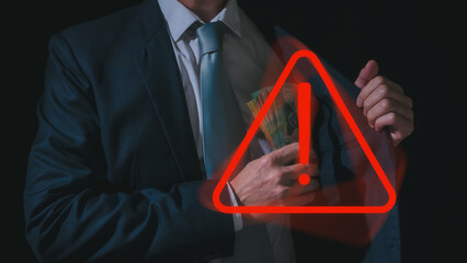 high risk high return concept, businessman holding money banknote with virtual triangle caution sign, investment risk management strategy - obrazy, fototapety, plakaty