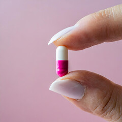 Close-up of a woman's hand fingers delicately pinching a pink and white capsule pill, with a soft pastel pink backdrop, copy space.