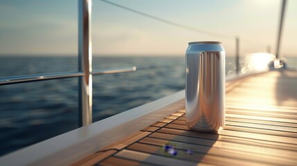 A refreshing can of drink on the deck of a boat with the ocean stretching out to the horizon,...