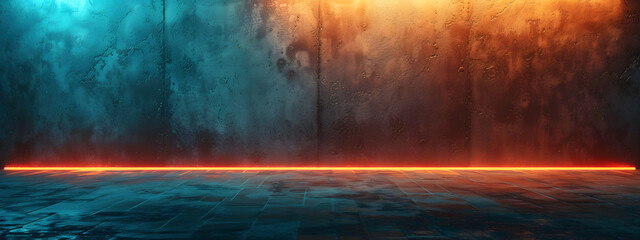 a stone floor with a lit up wall - obrazy, fototapety, plakaty