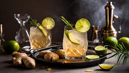 Dark and stormy cocktail with lime in glasses, ginger root, on table, nordic lounge, modern, no smoke, dark environment, low dop - obrazy, fototapety, plakaty