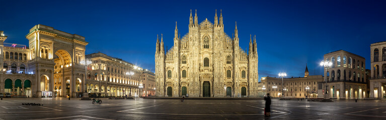 MILAN, ITALY - MARCH 4, 2024:  The Piazza del Duomo square with the westfacade of Duomo - cathedral at dusk