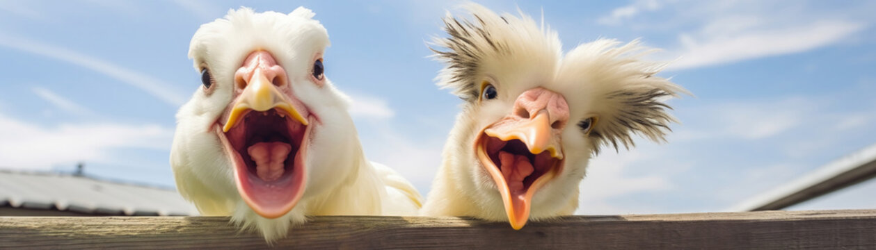 Funny close up of two cream colored farm animals goofing off
