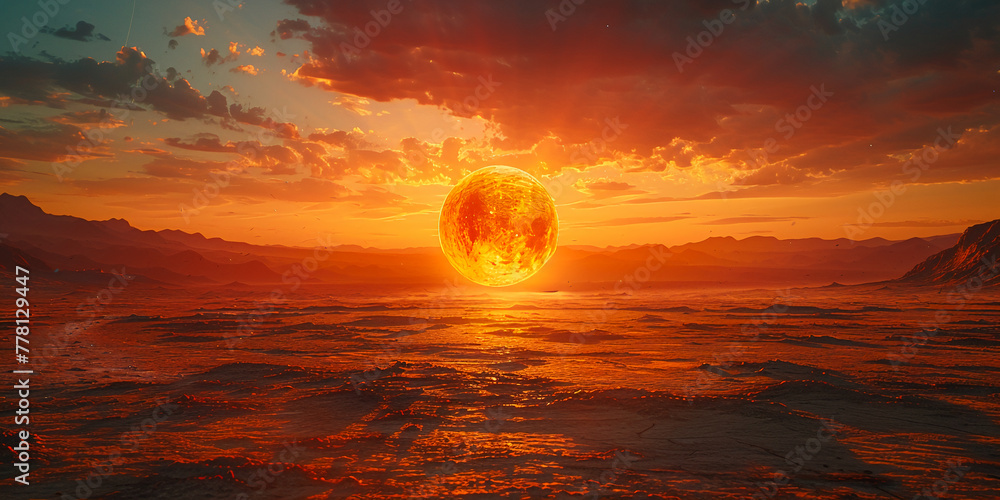 Wall mural a gigantic sun touching he horizon in a hazy sunset with all its detail exposure. ai generative