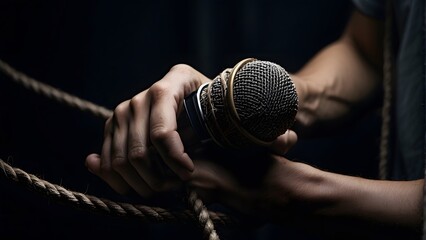 A hand tightly holding a microphone, bound by a rope, world press day, representing the struggle for freedom of expression