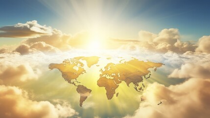 Peaceful world map with tranquil clouds and sunbeams