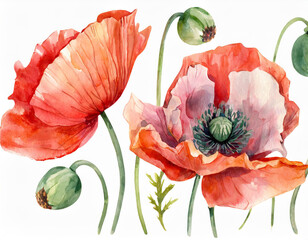 Flowers watercolor illustration.Manual composition.Big Set watercolor elements. with poppy on white background
