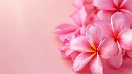 Over a pale pink backdrop, there is a stunning Frangipani Plumeria, a tropical spa flower.