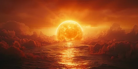 Fotobehang A gigantic Sun touching he horizon in a hazy sunset with all its detail exposure. AI generative © SANGHYUN