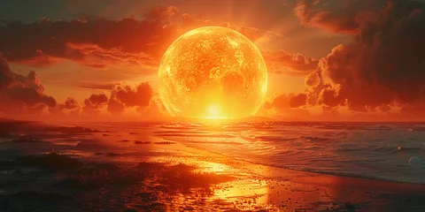 Foto op Plexiglas A gigantic Sun touching he horizon in a hazy sunset with all its detail exposure. AI generative © SANGHYUN