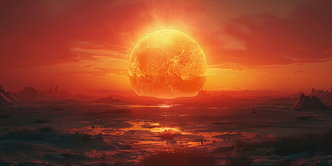 Obraz premium A gigantic Sun touching he horizon in a hazy sunset with all its detail exposure. AI generative