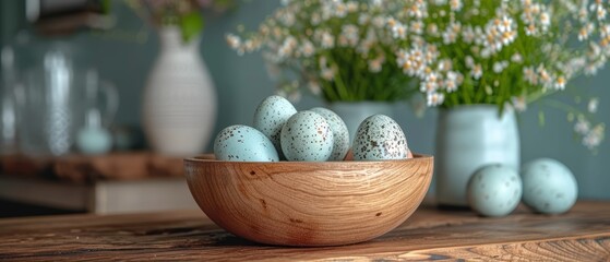 a wooden bowl filled with eggs sitting on top of a table next to vases with flowers in the background.