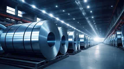Naklejka premium Galvanized steel sheet rolls stored in the factory or warehouse