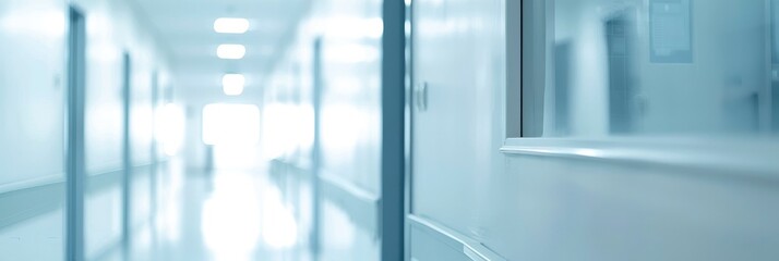 Focus is on the light blue-toned office door against a blurry white medical background.
