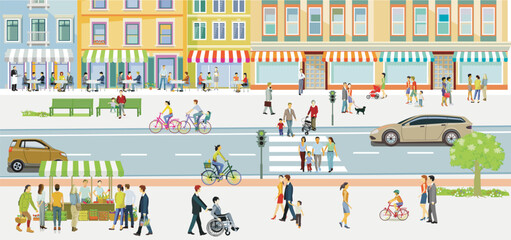 Stadtsilhouette mit Menschengruppen in der Freizeit im Wohnviertel, Illustration - 778130458