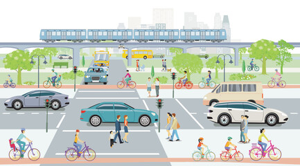 Stadtsilhouette einer Stadt mit Verkehr und Menschen,  illustration - 778130692