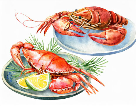 watercolor red lobster and crab on plates clip art preview