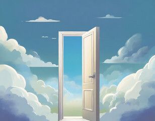 open door standing amidst a serene skyscape, surrounded by soft, fluffy clouds, invoking a sense of opportunity, discovery, and the gateway to new dimensions