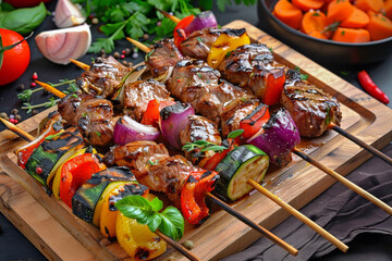 Exquisite Grilled Meat Skewers & Shish Kebab with Vegetables on a Wooden Board - Delightful Dining...