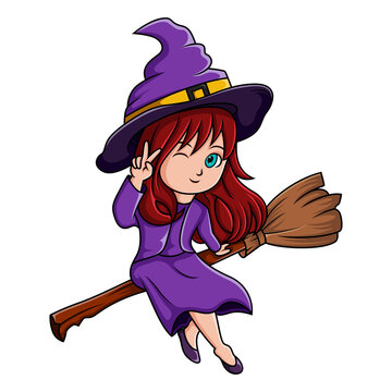 Cartoon little witch flying use a broomstick