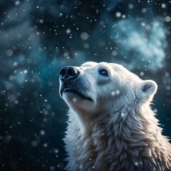 a polar bear looking up in the snow