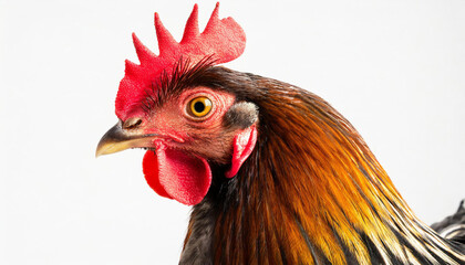 Portrait of a funny chicken, curious looking at the camera, side view, isolated on white background