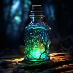 a glass bottle with a green light inside