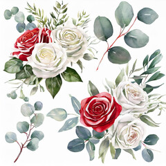 set of flower bouquets. White roses and eucalyptus branches. Wedding stationary, greetings, fashion, fabric, home decoration. Hand painted illustration; red flowers for your design
