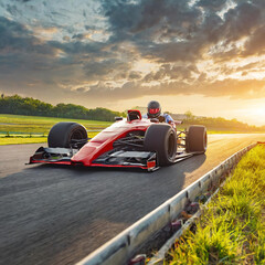 Single race car in motion riding on motor speedway, race track during sunset time. Concept of...