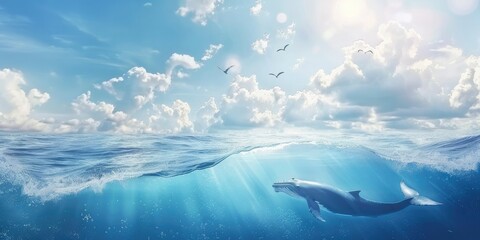 cross section view of blue whales in clear blue ocean with sunny blue sky - obrazy, fototapety, plakaty