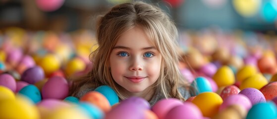 Fototapeta na wymiar a little girl with blue eyes is in a ball pit filled with colored eggs and has a smile on her face.