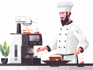 a futuristic kitchen appliance automates precise cooking processes for a chef preparing a modern meal.