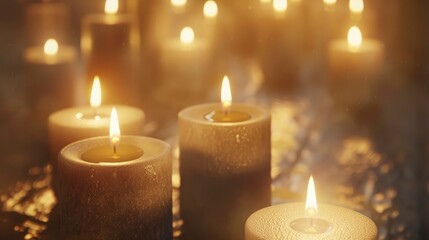 A mass of little candles in a desaturated, muted tone, arranged greatly. - obrazy, fototapety, plakaty