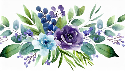 Watercolor floral bouquet - illustration with violet purple blue flowers, green leaves, for wedding...