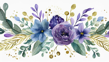 Watercolor floral illustration - border frame with violet purple blue gold flowers, green leaves,...