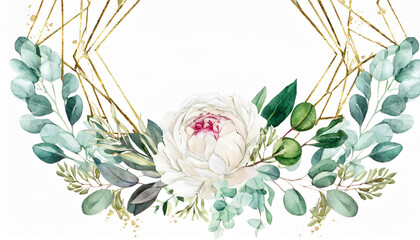 Watercolor floral illustration - white flowers, rose, peony, green and gold leaf frame - border, for wedding stationary, greetings, wallpapers, fashion, background. Eucalyptus, olive, green
