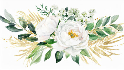 Watercolor floral illustration bouquet - white flowers, rose, peony, green and gold leaf branches collection. Wedding stationary, greetings, wallpapers, fashion